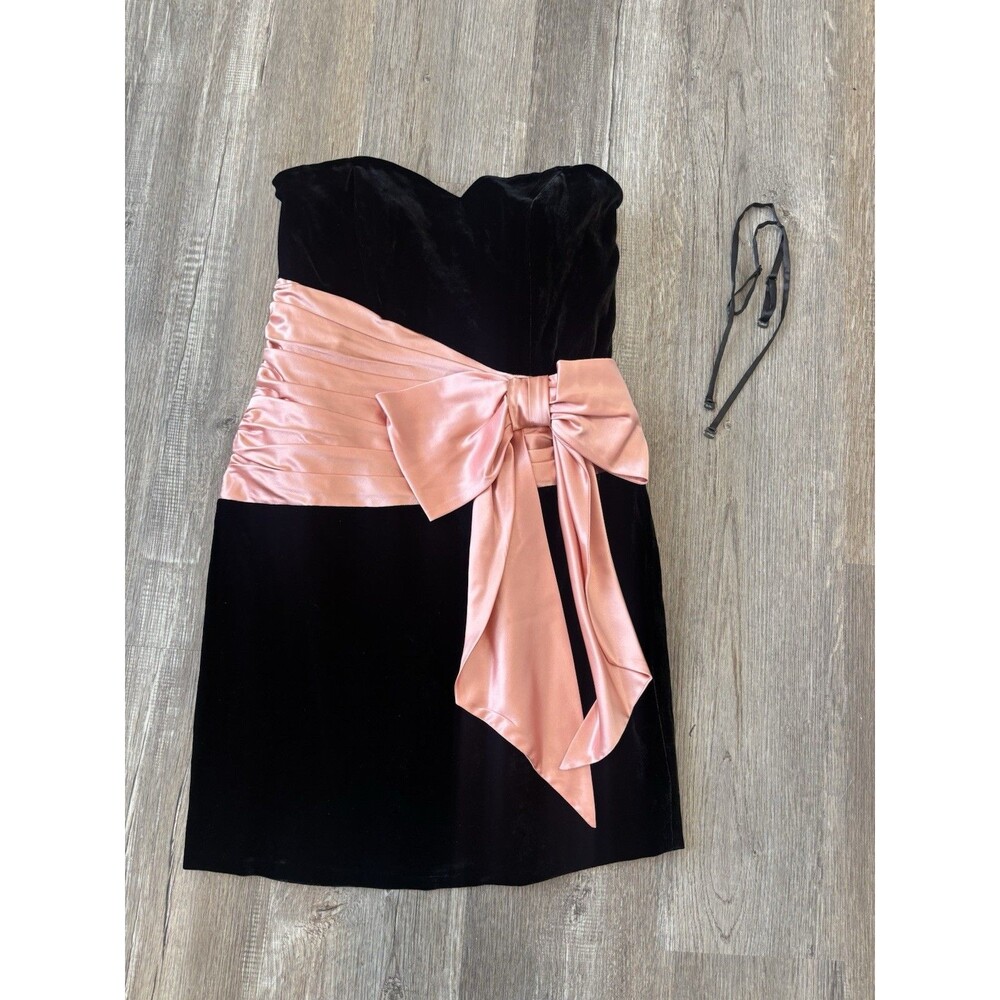 Vintage Betsey Johnson Black Velvet Pink Satin Bow Strapless Mini Dress Size 8